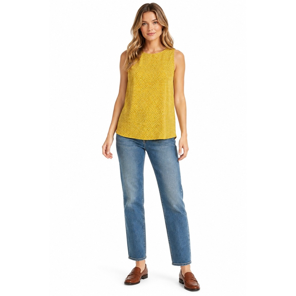Mustard‎ Yellow Dot Swing Tank Top L High Neck Rayon Flowy Sleeveless Summer